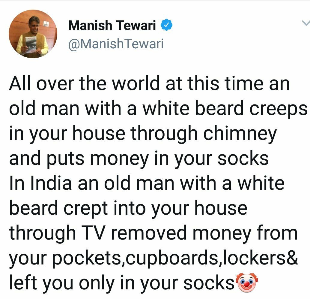 RitaG74's tweet photo. How can an old man with a white beard take our money because our money was already looted by the woman in Red Saree, her dumb son, alcoholic daughter and corrupt son-in-law
@ManishTewari stop smelling socks for money, chk Swiss bank accounts. https://t.co/M9gZGH0DP4
