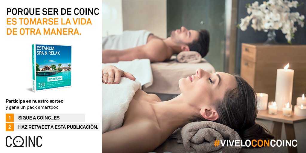 COINC_es's tweet photo. ¡Participa en nuestro #sorteo y gana un Smartbox Spa y relax para dos! Es muy sencillo, solo tienes que seguir a @COINC_es y hacer RT a esta publicación :) https://t.co/GuLfquOlCj #promoción #promociones https://t.co/3nHEdidytU