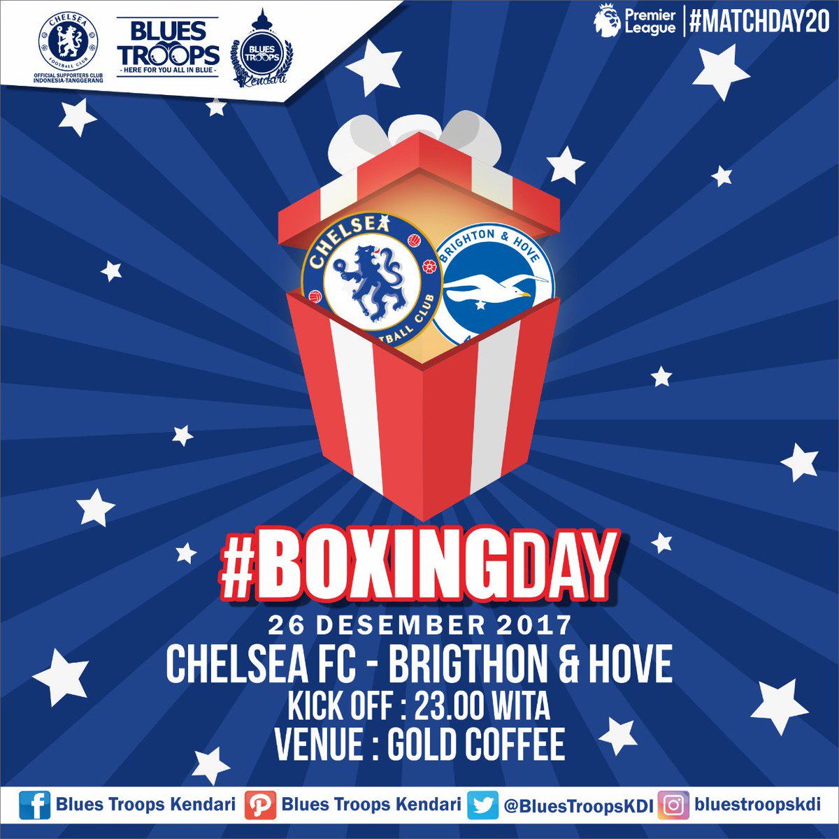 #BoxingDay 
Matchday 20 EPL 
Chelsea fc vs Brighton Hove 
Kick Off : 23.00 WITA
At Gold Coffee
Yuk Ramaikan 🙌🙌🙌
#ChelseaFC #EPL #BluesTroops #ChelseaIndonesia