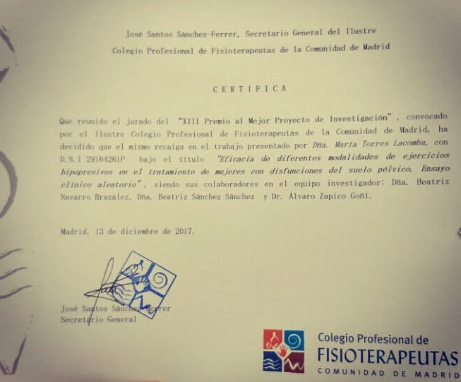 Muy contentos. Hemos recibido el premio al Mejor Proyecto de Investigación otorgado por el ilustre <a href="/cfisiomad/">CP Fisioterapeutas Madrid | #somosloquenecesitas</a> Gracias por el apoyo a la labor investigadora en Fisioterapia y en especial a la salud de la mujer