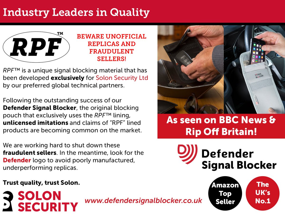 SolonSecurity's tweet photo. After the enormous success of our Defender Signal Blocker, we've seen a big increase in sellers falsely claiming their competing products contain our specialist RPFβ’ material. Don't be mislead, here's our statement. #FakeNews #UKNumber1 #JustPackItIn https://t.co/QJkeDFyian