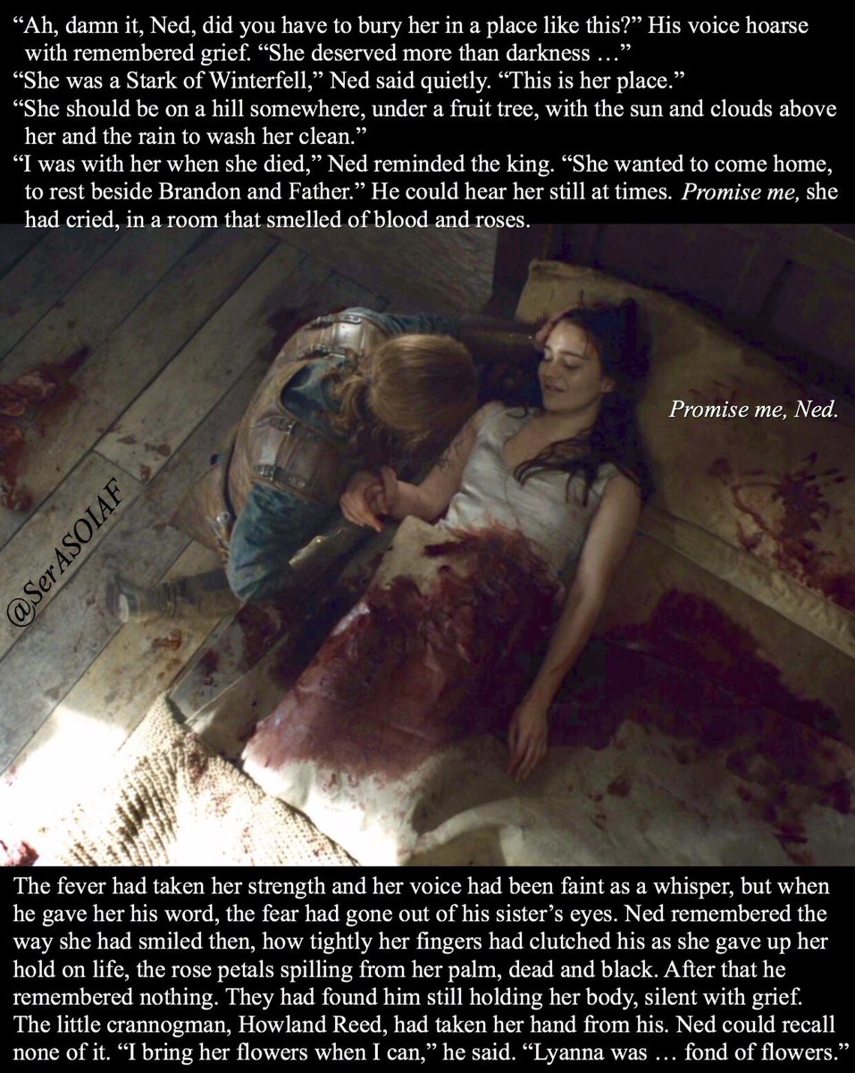 Promise me, she had cried, in a room that smelled of blood &amp; roses. Promise me, Ned. The fever had taken her strength &amp; her voice had been faint as a whisper, but when he gave her his word, the fear had gone out of his sister’s eyes. Ned remembered the way she had smiled then.