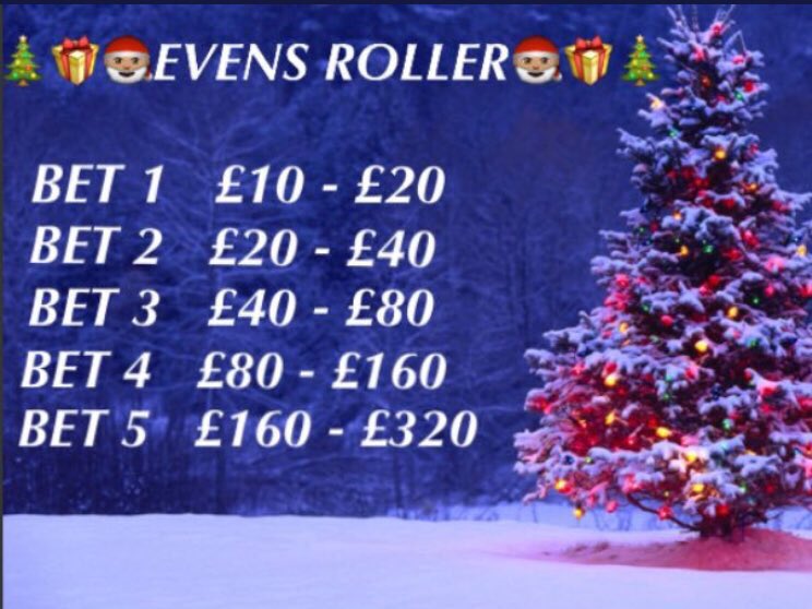 🚨WE GO AGAIN TONIGHT!!🚨

£300 Xmas Roller!!

Let’s do this!!💪

Bet 1 up around 5pm👀