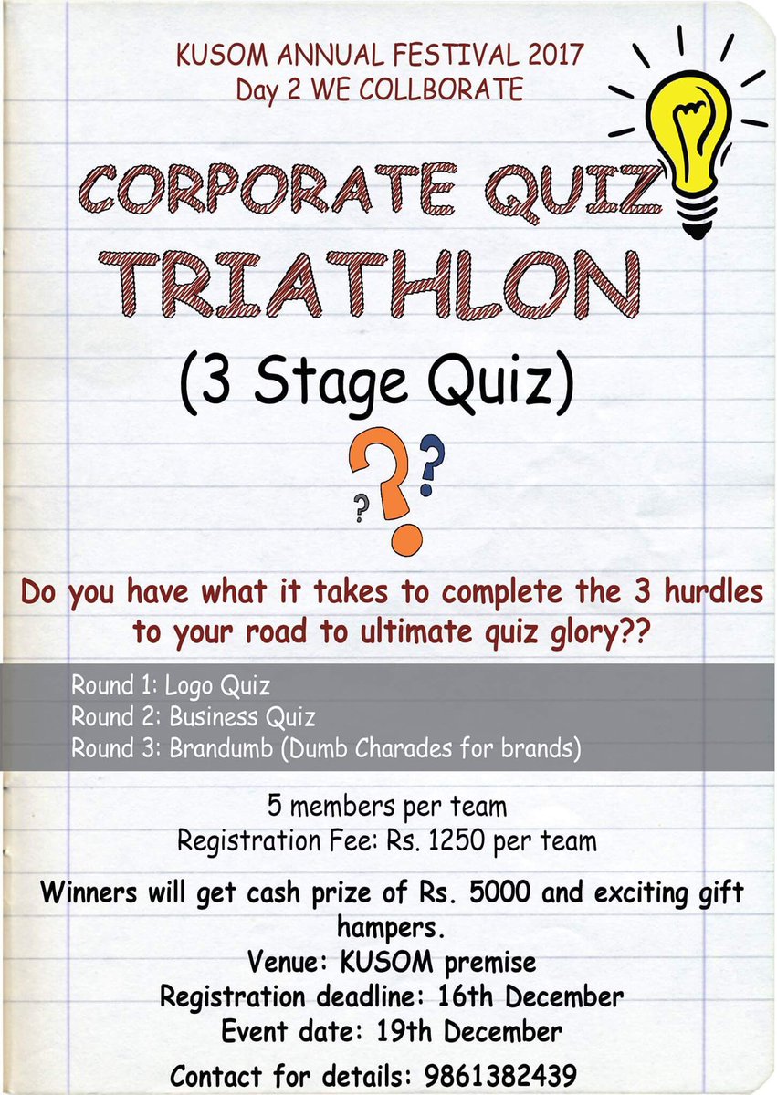 KAF_Kusom2017's tweet photo. CORPORATE QUIZ TRIATHLON
Do you have what it takes to complete the 3 hurdles to your road to ultimate quiz glory??
Day 2 of KUSOM Annual Festival 2017 is organizing a inter college quiz competition in December 19. There will be three rounds.
Round 1: Logo Quiz https://t.co/7nARqeh3GD