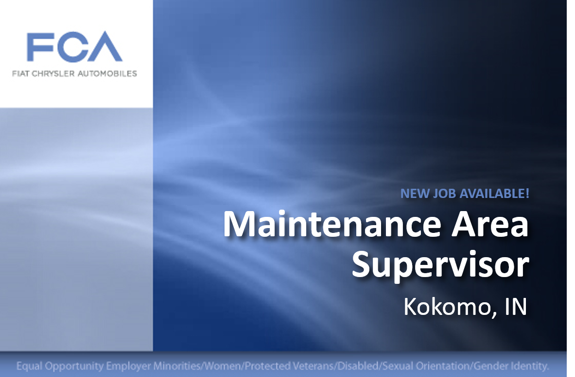FCA_NACareers's tweet photo. Make your mark as a Maintenance Area Supervisor in Kokomo!  Learn more at https://t.co/B7d3h07Msm https://t.co/ZJNaMiJWFT