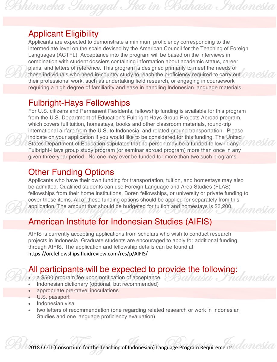IndonesiaFOTD's tweet image. Consortium for the Teaching of Indonesian is now listing their 2018 program.  Visit their website or read the included announcement for more information #BahasaIndonesia #LanguageLearning #TeachingLanguage #AIFIS
coticornell.wordpress.com