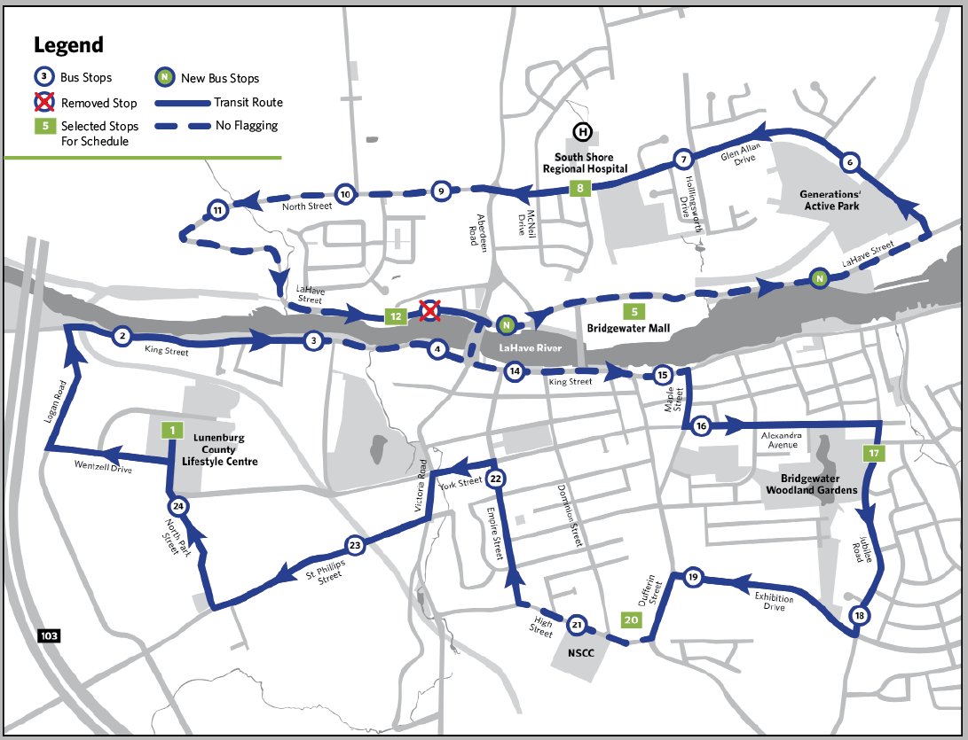 Bridgewater Transit has a few more stops! There's one near Superstore before Bridgewater Mall, one at Mariner's Landing and two stops combined into one on LaHave Street. This doesn't affect the schedule. Print copies available.
