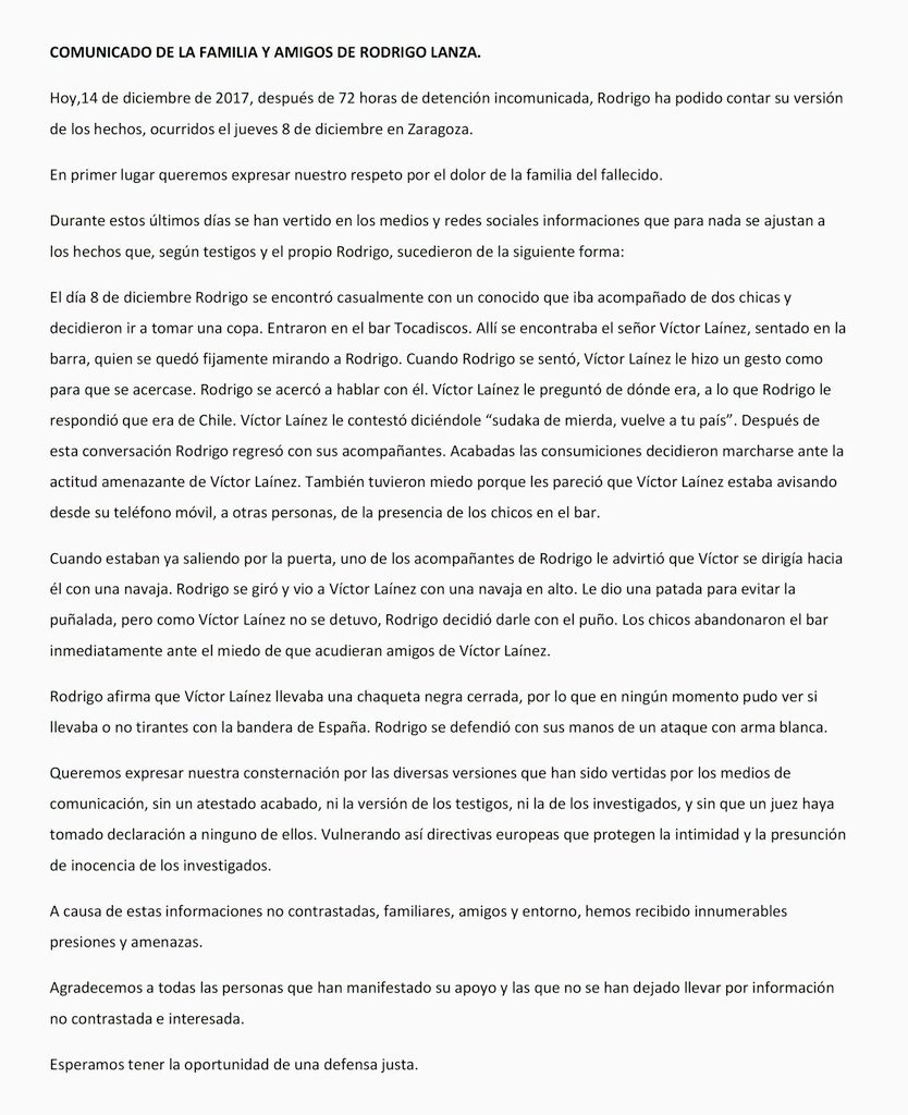 ⏩Comunicado de la familia de Rodrigo Lanza.

⏩Denunciamos el tratamiento de los medios, ocultando la filiación neonazi de Laínez y criminalizando a los movimientos de izquierda.

⏩A la militancia antifascista le pedimos precaución y cuidado ante posibles agresiones fascistas.