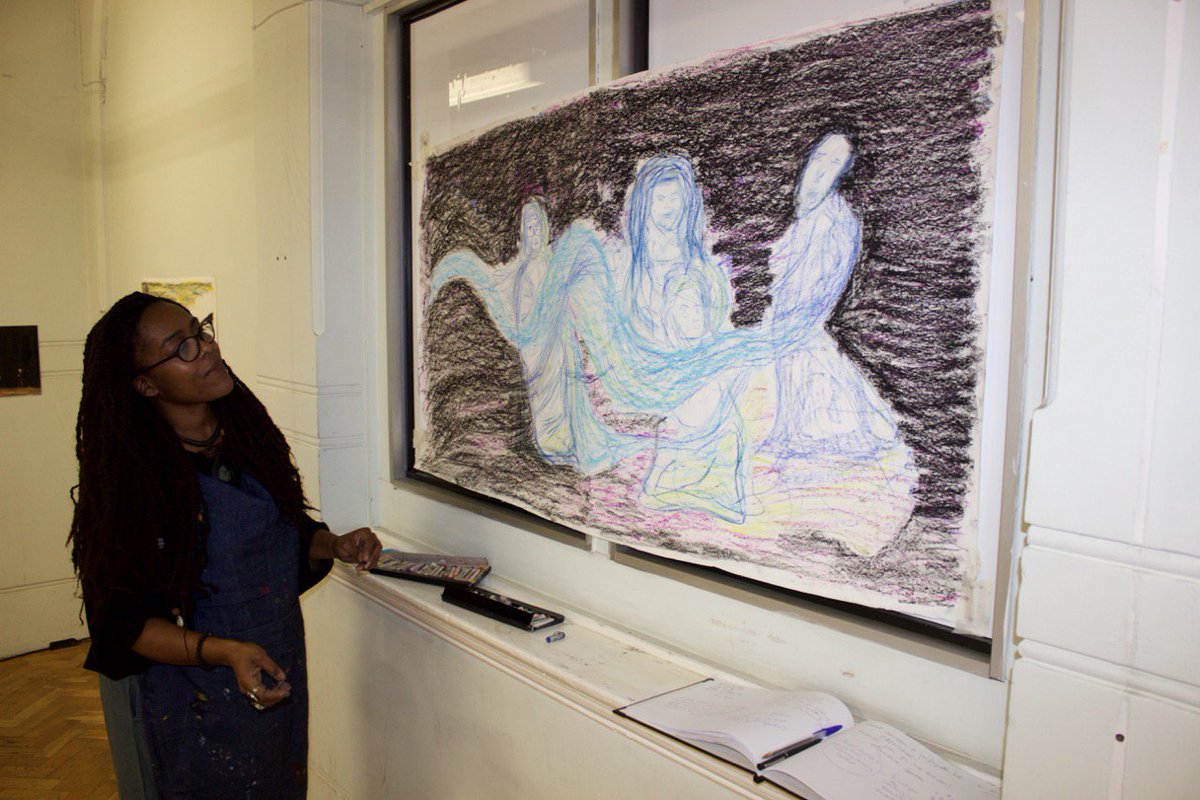 ElephantMelo's tweet photo. Lovely art making yesterday @ElephantMelo Young Ruby and her family came down to view the art she had made in August and that is now on display. It inspired her to make more art alongside @Peoples_Company talent Rawlene Evelyn. @cooltan4 https://t.co/wSWsCoWQ8K
