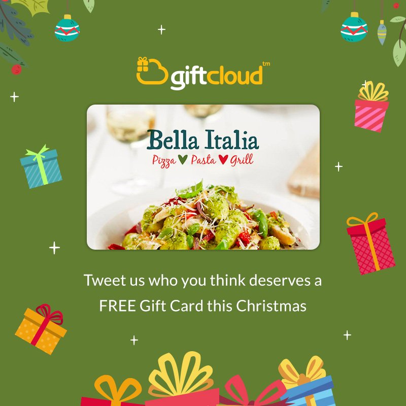 Giftcloud's tweet image. 5 days deep and there's a £30 Bella Italia Gift Card up for grabs! Nominate who you think deserves a treat this Christmas. #giveaway #Giftcloudgiftdrop @Big_Bella