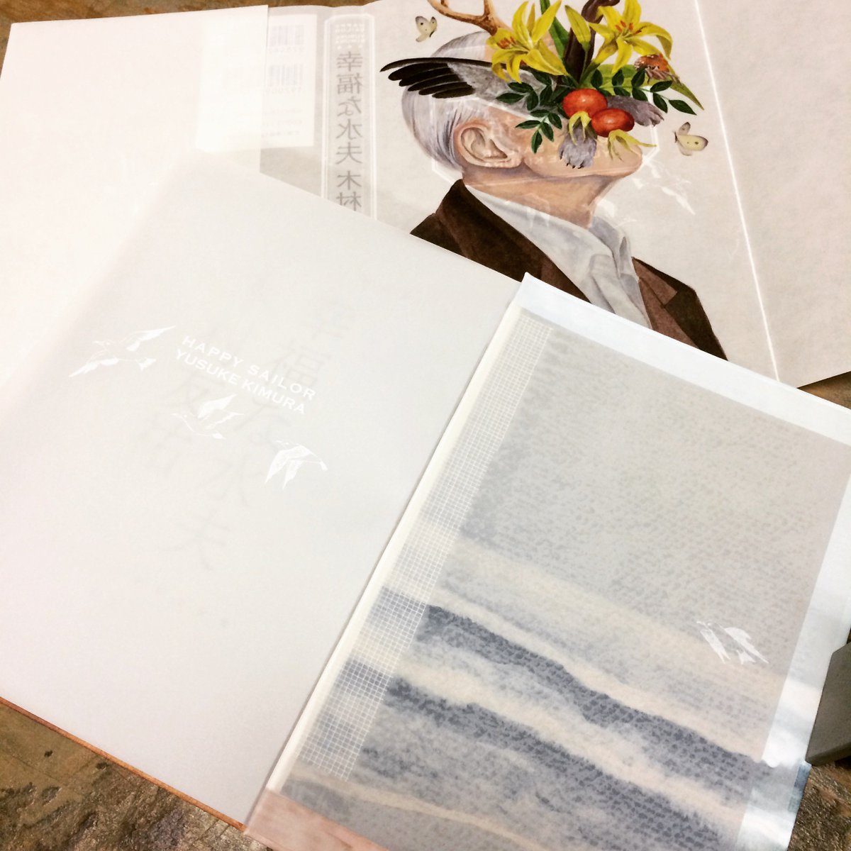 佐藤亜沙美 Asami Sato 幸福な水夫 そしてなんと 通常は見返しの下に隠れてしまう表紙の芯紙に海の絵を印刷して 見返しのトレーシングペーパー から透けるようになっています 見返しには鳥のイラストが刷られていて 海を渡るように飛んでいます