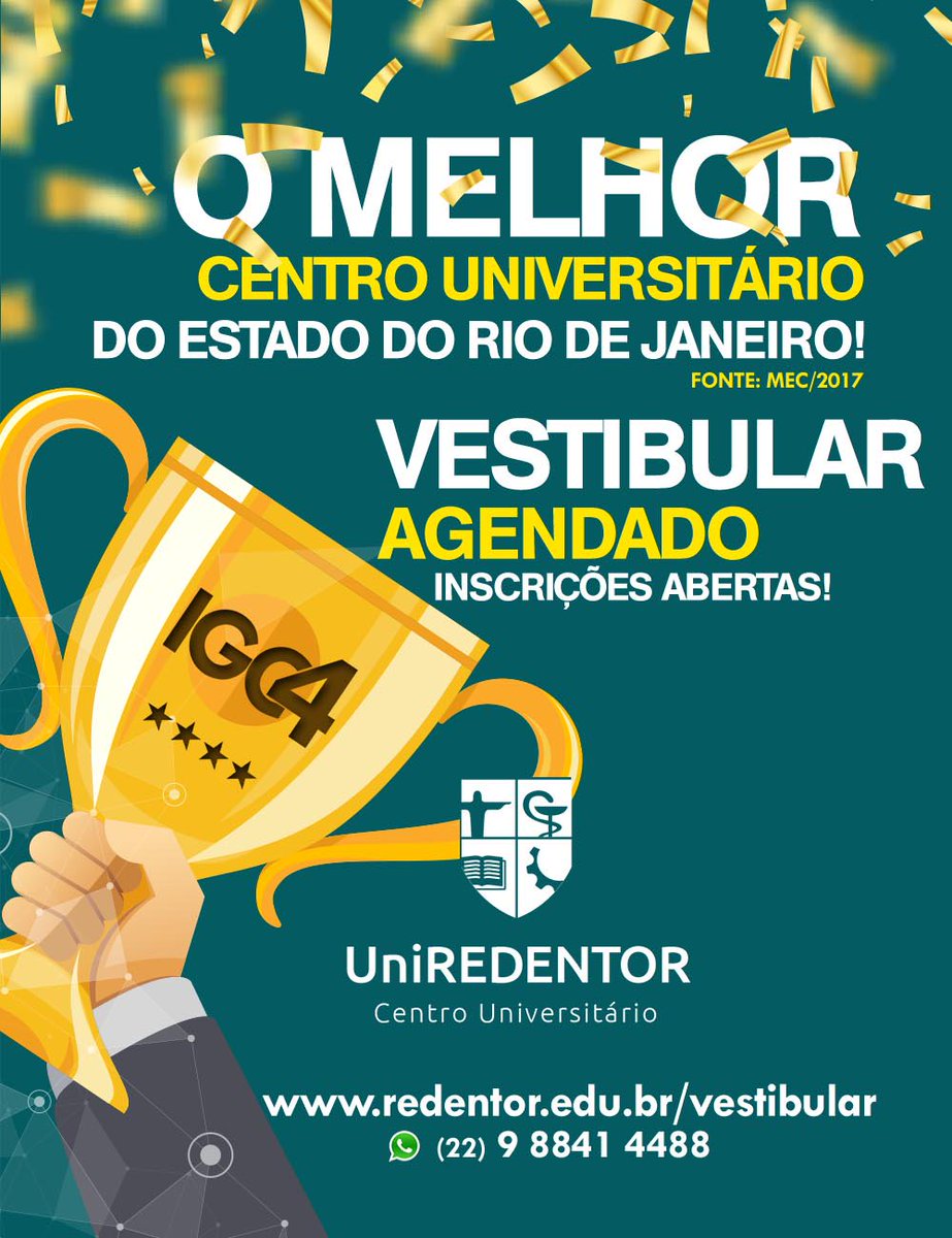 uniredentor's tweet photo. Vestibular Agendado UniREDENTOR - O melhor Centro Universitário do Estado, segundo o MEC!

► Entre as melhores do PAÍS, segundo a Revista Exame!

► Todos os Cursos com notas excelentes no MEC! #IGC4 #ENADE5

► https://t.co/0jEgu1p8cD https://t.co/Rig0cTr8Ty