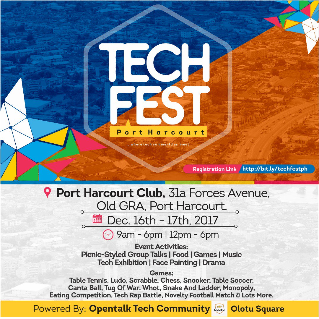 techfestafrica's tweet photo. Remember its 16th & 17th December .. the Largest Developer and Technology Festival in Nigeria - #PHCity #TechFest, #TechFestNG, #TechFestPH come have fun while you MEET, CONNECT, LEARN from innovation hubs, techies and business execs @opentalktech @OlotuSquare https://t.co/R2k5OHPL0G