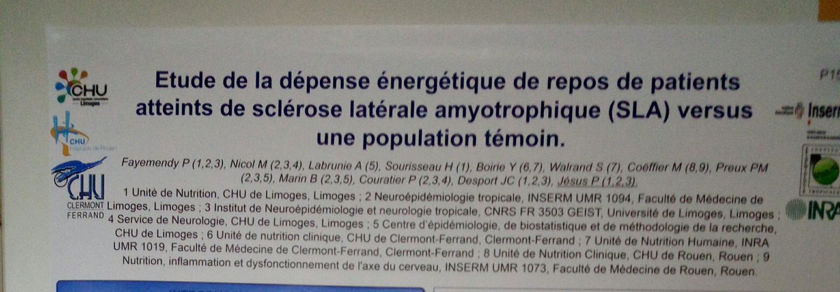 Michalski_MC's tweet photo. La moitié des patients atteints de sclérose latérale amyotrophique sont concernés par un hypermétabolisme / poster #JFN2017
@CHU_de_Limoges @CHUClermontFd @Inra_ARA @YvesBoirie #maladiedecharcot #SLA #metabolisme https://t.co/HjrYWmgR39