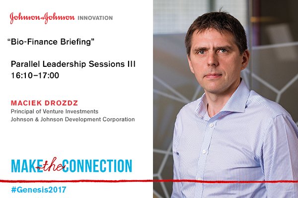 JNJInnovation's tweet photo. “I’ll be on the Bio-Finance Briefing panel discussing the state of private and public funding for later stage companies.”
Pick up some tips from #JNJ’s Maciek Drozdz at #Genesis2017 https://t.co/rdOsdftllh