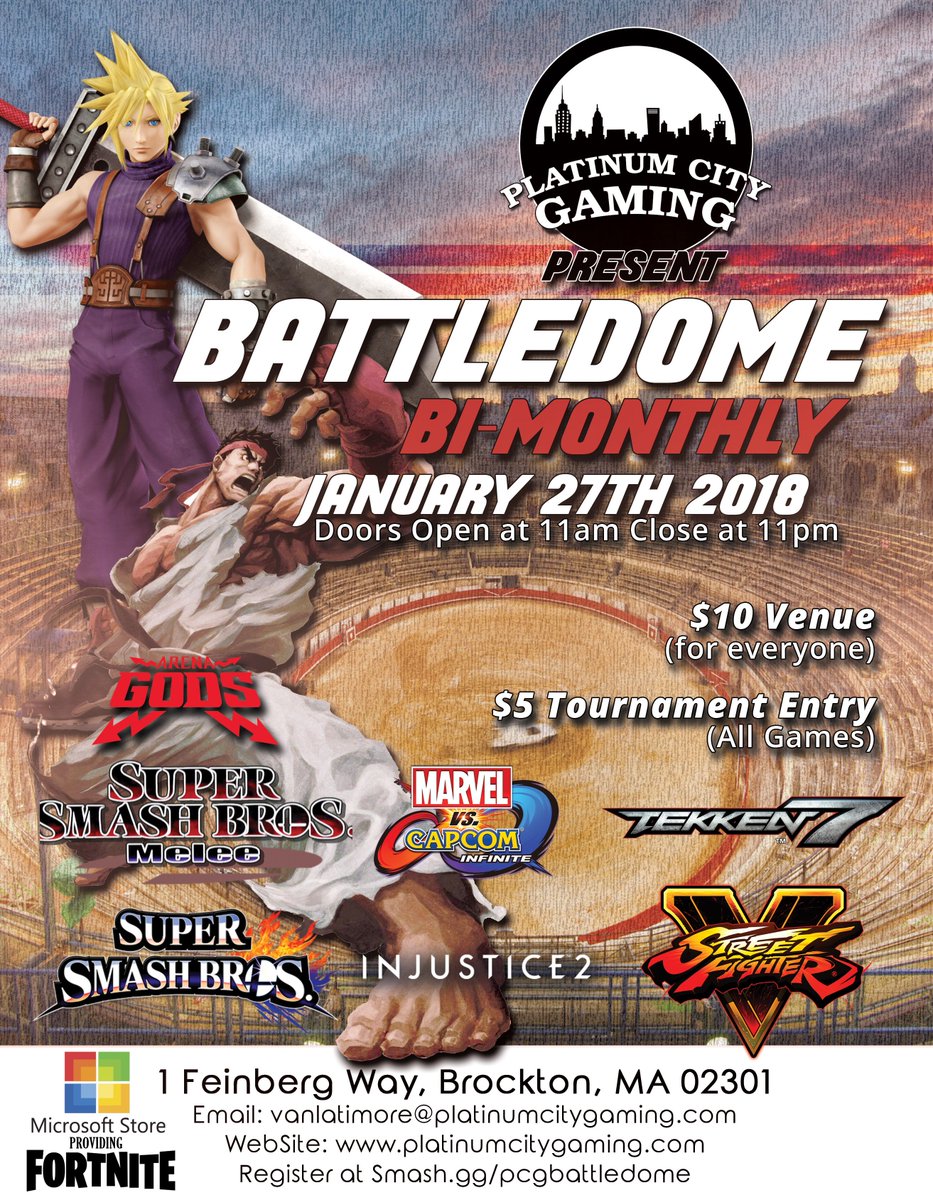 pcitygaming's tweet photo. #smash4 #melee #sf5 #MvCI #injustice2 #Tekken7 and #ArenaGods all in one event. We are excited to bring to you at the @RoxBaseball Stadium in the Shaw's Center. Welcome to the #Battledome! @ArenaGodsGame https://t.co/lrgtZjy4xf https://t.co/C5nFtXrMBo