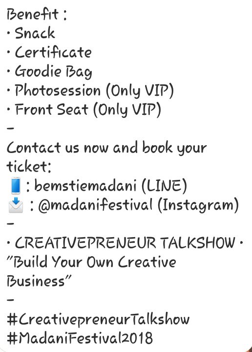 Selamat malam teman-teman mahasiswa!👊👊

Mari dibeli tiketnya, jgn sampai kehabisan😉

#CreativepreneurTalkshow
#MadaniFestival2018