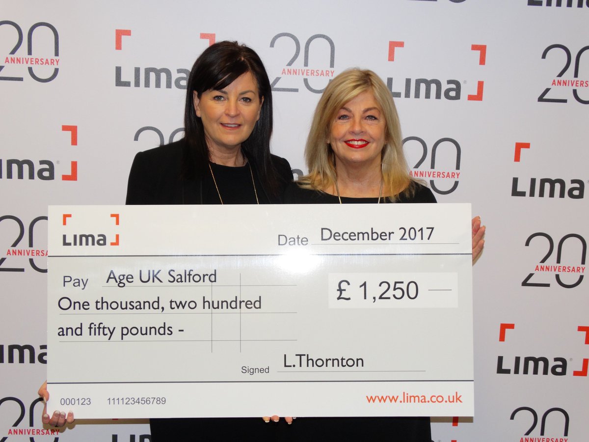 AgeUKSalford's tweet photo. Absolutely marvelous donation received today from @LimaNetworks a fantastic #salford based IT solutions company. They've been a friend and a provider of IT support to us for a number of years. Thanks Lisa, Paul and all their team #lima20 https://t.co/onEt82SMmU