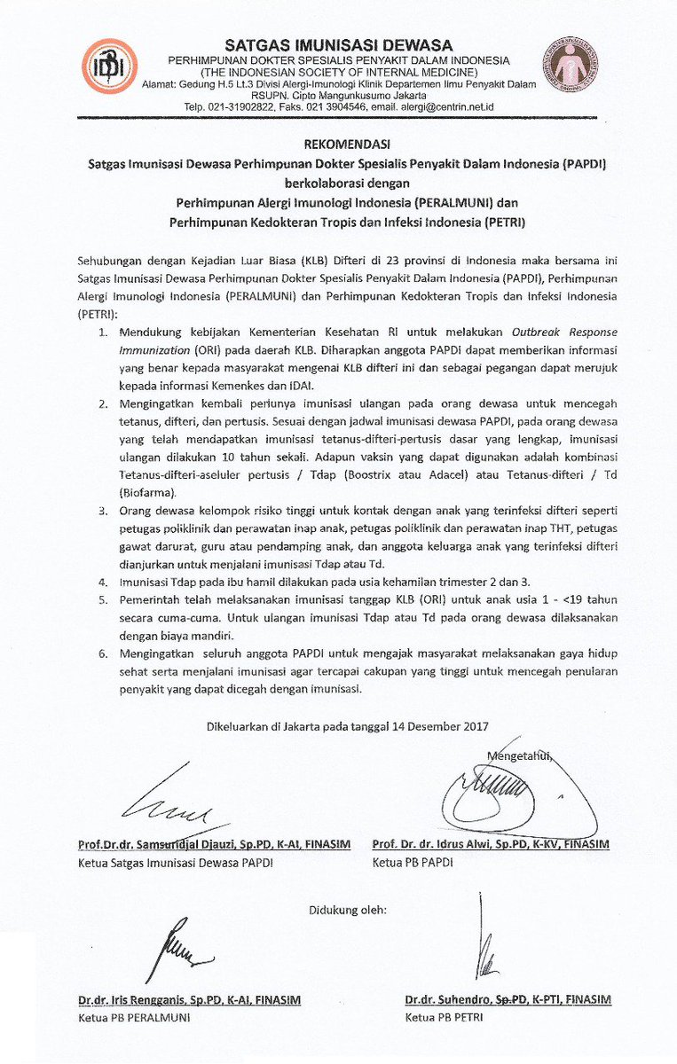 Perhatian wabah DIFTERI semakin meluas, berikut ini panduan Imunisasi dewasa... Bantu share ya.....