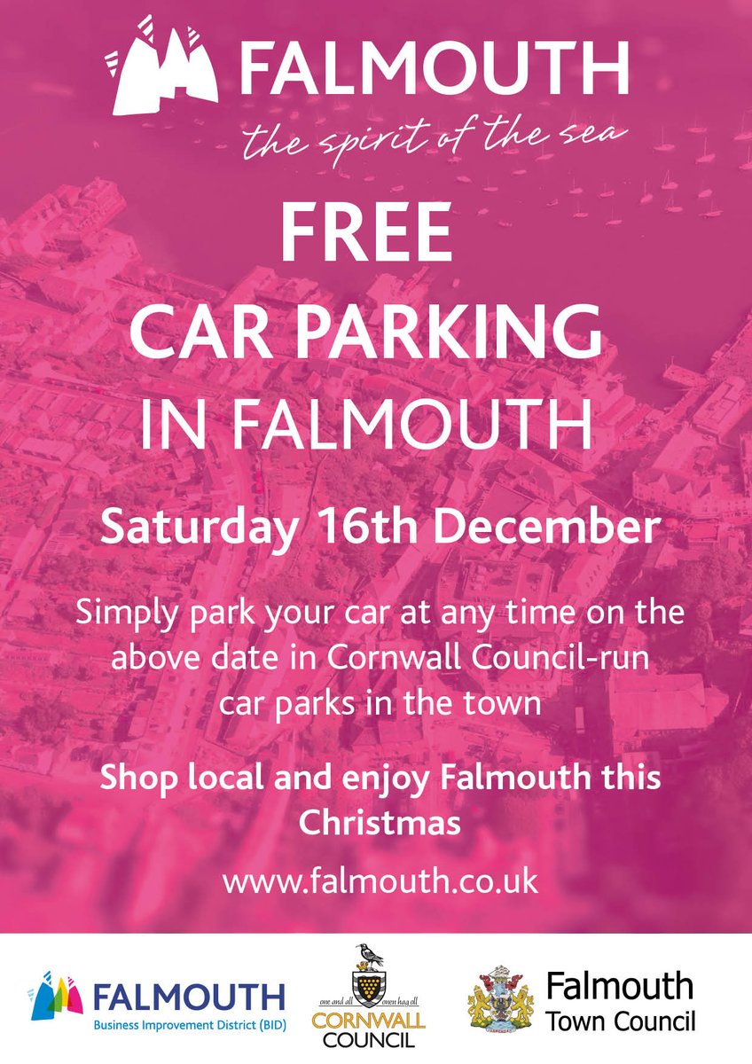 FalmouthTownUK's tweet photo. Free car parking in #Falmouth on Saturday 16th Dec. Come on in and support the town! #loveFalmouth #shoplocal https://t.co/f4MVMCFbjE