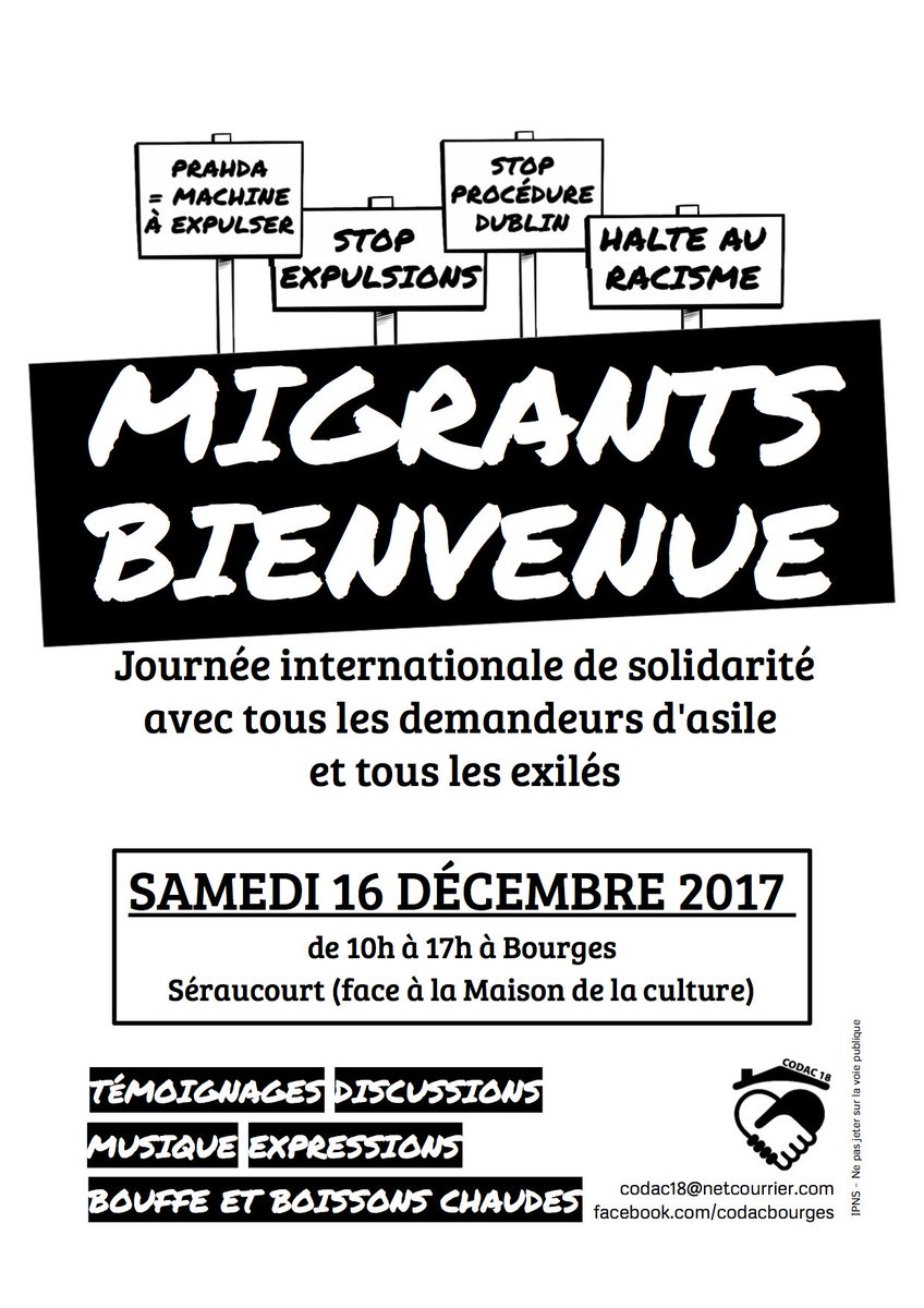 codacbourges's tweet photo. Samedi 16 décembre - journée de manifestation pour une politique de l'accueil #stopdublin #stopexpulsion de 10h à 17 à #Bourges face à la MCB (Séraucourt) https://t.co/h7YurKrwNH