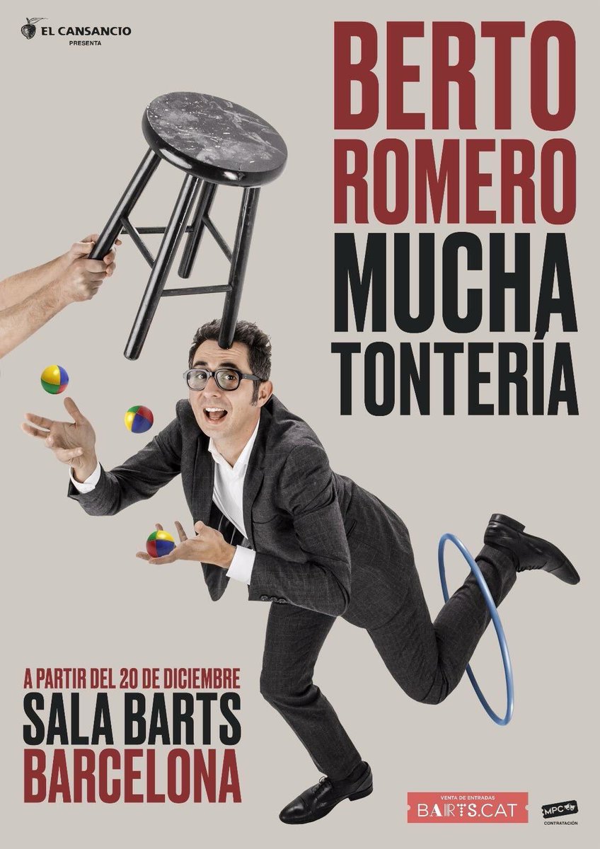 MPC_management's tweet photo. ¡Barcelona!���
SORTEAMOS 2 entradas para el estreno de #MuchaTontería, el nuevo espectáculo de @Berto_Romero 👓🙌

📅 20 de Diciembre
📍 Sala BARTS
🌀 Participa haciendo RT (anunciamos ganador el lunes) https://t.co/8IS3HnvV82