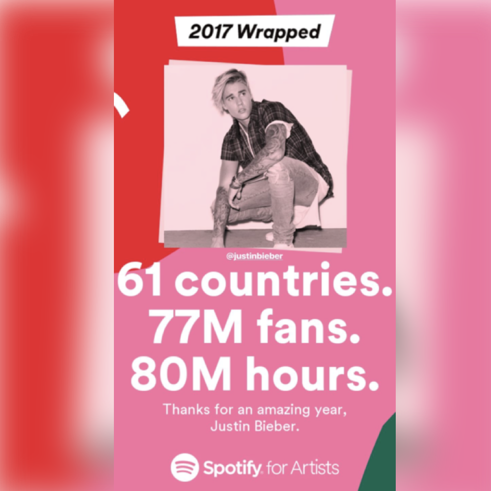 61 countries. 77 million fans. 80 hours. 
<a href="/justinbieber/">Justin Bieber</a> // @spotify WRAPPED 2017 
↓ s.bkstg.com/GdxK74x