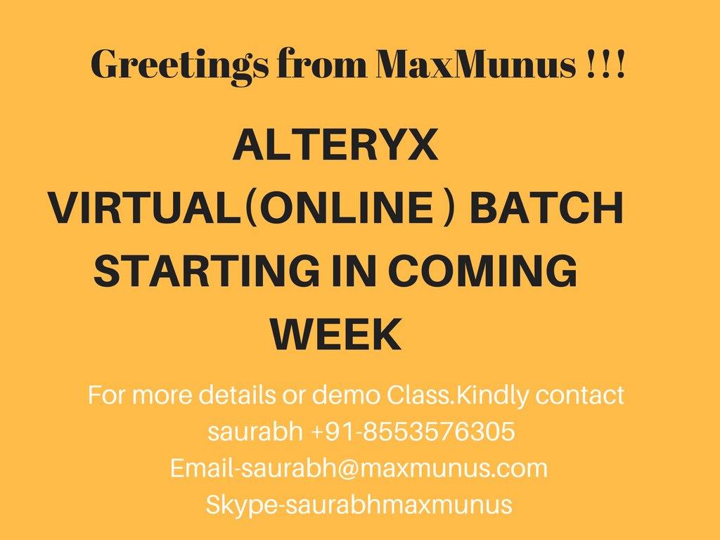 arvindks1990's tweet photo. Starting Training Batch on #Alteryx Real Time Training with Project and hands-on. Details contact- +91      8553576305,saurabh@maxmunus.com.#Alteryx,#sql,#tableau,#online,#saas,#analytics,#maxmunus,#training,#server,#designer. https://t.co/jp63XTlkgv https://t.co/KF1dXzD7M9