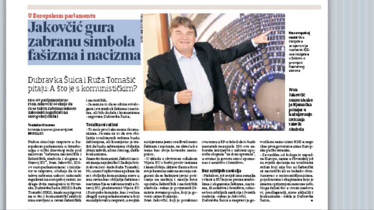 krasnec's tweet photo. Sinoćnja rasprava u EP-u o zabrani fašističkih i nacističkih simbola i slogana u čitavoj EU - danas u Večernjaku. Rijetki su u raspravi, poput HDZ-ovaca, imali potrebu relativizirati naci-faši zlo ubacivanjem usporedbe s komunizmom https://t.co/MwVDcSViu7