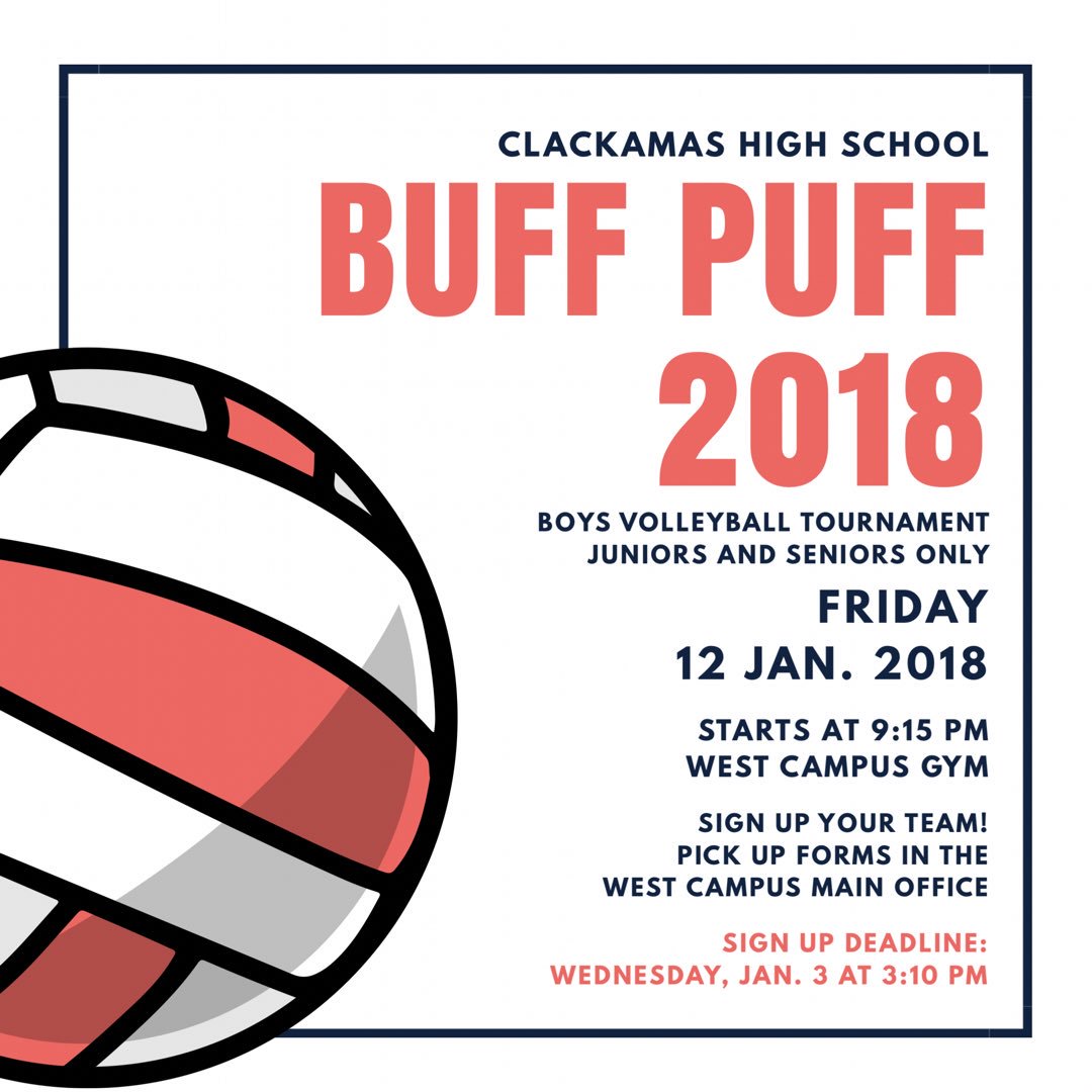 CHS Class of 2018 (@chsof_2018) on Twitter photo IT'S TIME FOR BUFF PUFF!
SIGN YOUR TEAM OF 6-10 GUYS UP TODAY! IT'S TIME FOR BUFF PUFF!
SIGN YOUR TEAM OF 6-10 GUYS UP TODAY!