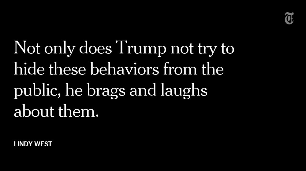 nytopinion's tweet image. Lindy West writes: "It is with 100 percent professional certainty that I must inform you our president, Donald Trump, is a sexual harasser, on account of all of the sexual harassment he constantly does." nyti.ms/2AZUXaM