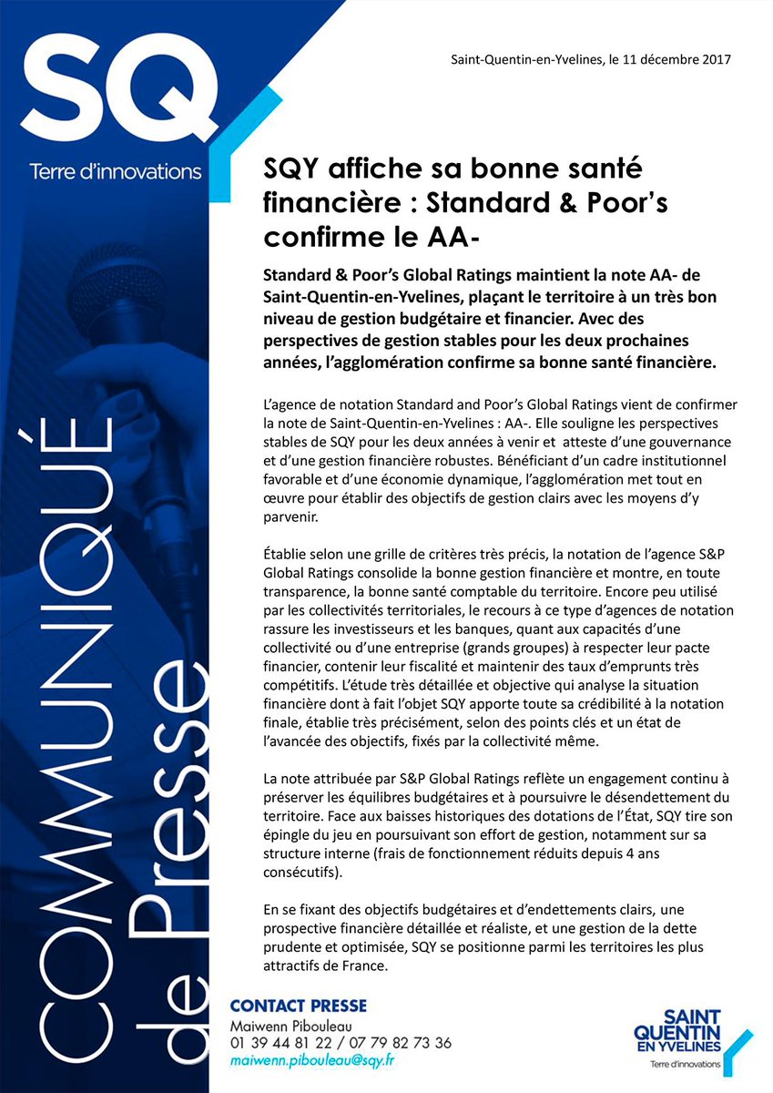 L'agence <a href="/standardpoor/">Standard Poor</a> maintient la note AA- de #SQY en soulignant sa bonne gestion financière. Le communiqué de Presse :
