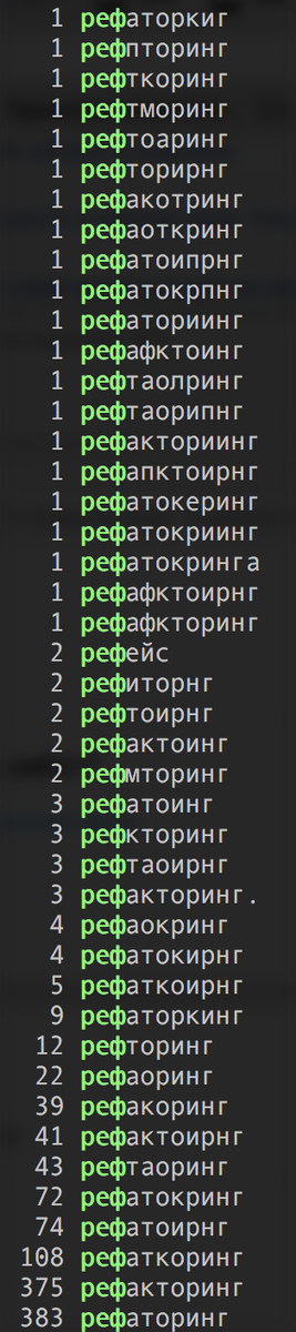 У одного разработчика есть проблема с написанием слова «рефакторинг» %))) Число слева — это количество коммитов с таким написанием.