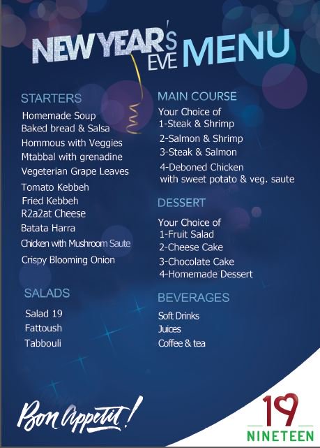 Nineteen_Resto's tweet photo. Check out our New Year's menu! 🍽️ 🎉
for more info contact us at 05 807 800 ☎️
#19nineteen #NYE2017 #JoinUs #19team https://t.co/wwZzRqXvky