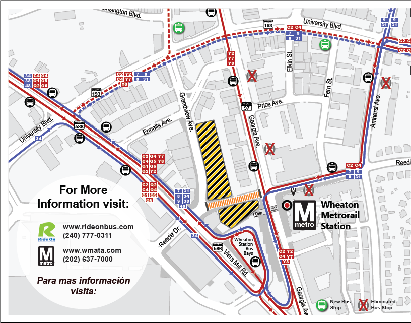 RideOnMCT's tweet photo. Wheaton Revitalization Construction News: Effective Sunday December 17th, reroutings will occur for Ride On routes 7, 8, 9, 31 and Metrobus routes C2, C4, Y2, Y7, Y8.  Some bus stops will be relocated. See map for details. https://t.co/Utov6RKD0V