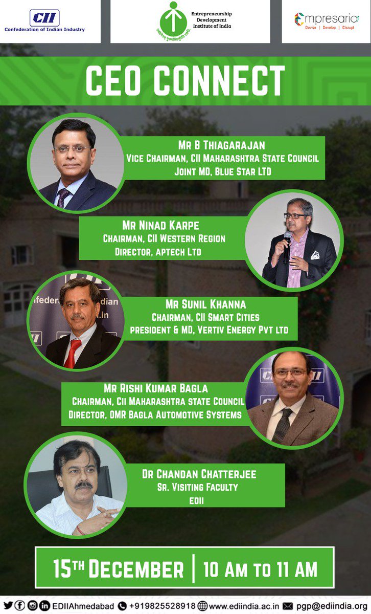 EDIIAhmedabad's tweet image. A must attend event happening tomorrow at EDII. 
With some of the most widely known businessmen and industry leaders, coming at one place to share their experience &amp;amp; impart knowledge among the ever enthusiastic, entrepreneurial students of EDII.
Time - 10 AM to 11 AM
#EDIISpeaker