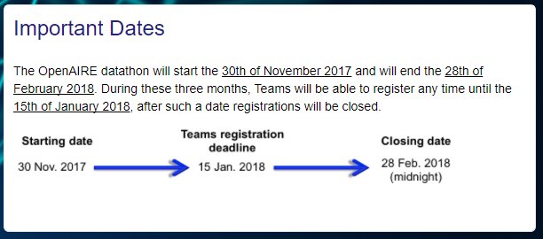 OpenAIRE_eu's tweet photo. The OpenAIRE datathon aims at stimulating developers and data scientists at analysing the OpenAIRE Information Space with the intent of improving its consumption by users and third-party services. Check the important dates and participate https://t.co/IDRDnnCZxy https://t.co/KHPKlyBjjb