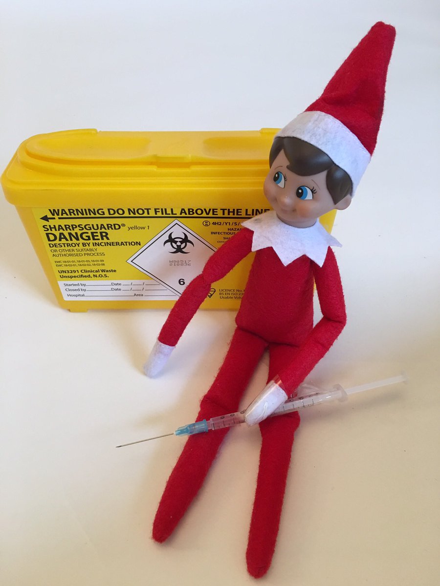 ECG_Sophie's tweet photo. Our #elfontheshelf is making sure his #sharps box is nice and close. #sharpsafe #InfectionPrevention https://t.co/rOJYMk2SiX
