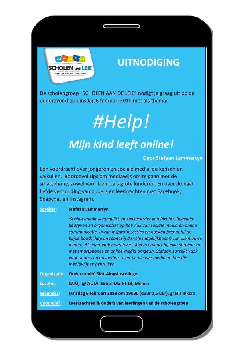 Informatieve ouderavond voor de ouders van alle leerlingen van onze scholengroep met als thema : ‘HELP, MIJN KIND LEEFT ONLINE…’ facebook.com/events/1653837…
#vtimenen