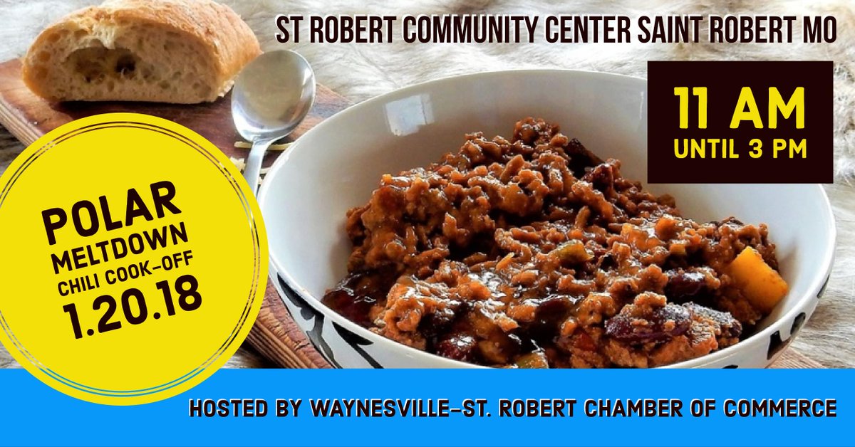 PulCoUSA's tweet photo. Bring your taste buds to the Polar Meltdown Chili #CookOff January 20th!
#MissouriEvents #FortLeonardWood #SaintRobert #PulaskiCountyUSA #JeffersonCity #Cabool #Leasburg #Marshfield https://t.co/onjh30Hw9H