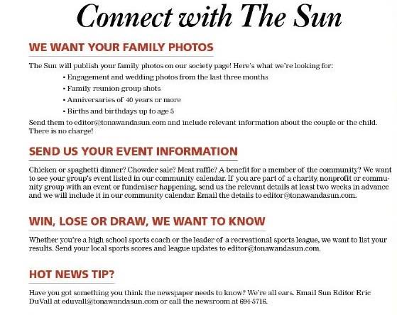 Do you have a tip for us? Email photos and story ideas to editor@tonawandasun.com. Here's what we're looking for: