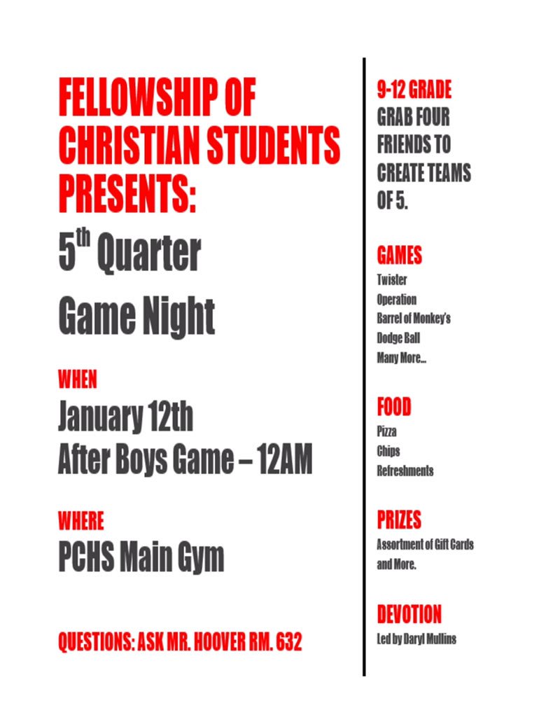 Spread the word! Students grab your team of five and see Mr. Hoover. There will be a total of 10 games. If you have a game idea let Mr. Hoover know