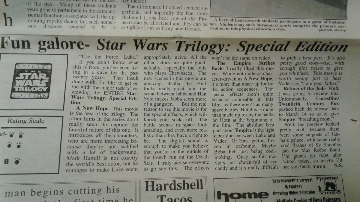 nuthousepunks's tweet image. #tbt to me reviewing the 1997 @starwars theatrical re-releases in my high school paper. #notsubtle #StarWars