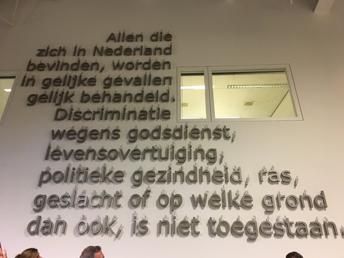 ReneVrugt's tweet photo. Voorafgaand aan de raadsvergadering is de tekst van artikel 1 van de Grondwet onthuld in de hal van het Alphense stadhuis. Democratie is iets om voortdurend aan te werken, vandaar dat er op alle letters en tekens een afbeelding van man/vrouw staat die aan het werk is :) https://t.co/Xe2zlzC5Tn