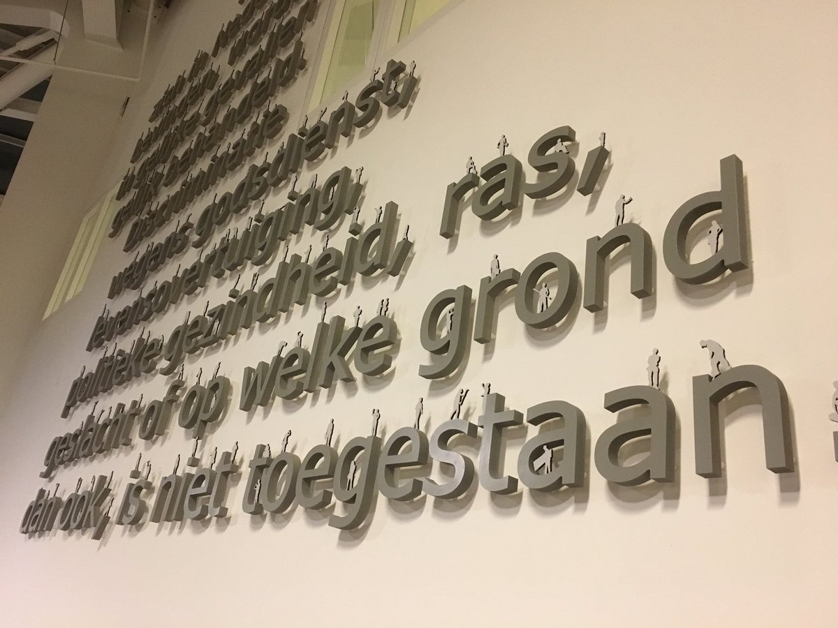 ReneVrugt's tweet photo. Voorafgaand aan de raadsvergadering is de tekst van artikel 1 van de Grondwet onthuld in de hal van het Alphense stadhuis. Democratie is iets om voortdurend aan te werken, vandaar dat er op alle letters en tekens een afbeelding van man/vrouw staat die aan het werk is :) https://t.co/Xe2zlzC5Tn