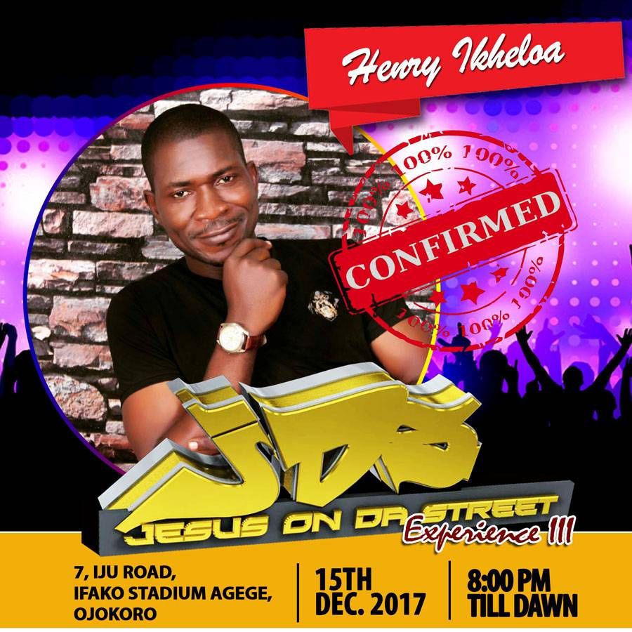 jesusondastreet's tweet photo. Jesus On da Street (#JDS) Experience III, is the BIGGEST Gospel Musical Carnival Holding in Lagos tomorrow  FRIDAY 15, DEC. 2017.
VENUE: The Main Bowl of Ifako Stadium, Lagos
Don't miss this for anything
#8pm-dawn 
#2morrow
#disfriday
#Jesusondastreetexperience
#ifakostadium
#JDS https://t.co/r199l80gHV