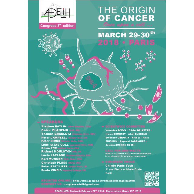 AssoAdelis's tweet photo. The new #ADELIH congress is coming soon! Come and join us in Paris the 29th and 30th of March 2018! THE ORIGIN OF CANCER: once upon a cell...” check the program, speakers and registration details on our website - https://t.co/magvHXWn1E #adelihcongress2018 🔬⚗️💉💊 https://t.co/3l4UPAu9BY