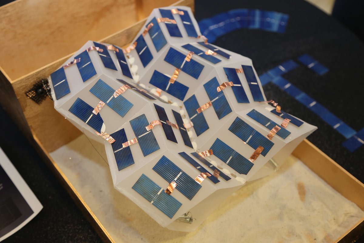 CEEatGT's tweet image. Solar panels depend on sunlight to work, but dust and sand can halt their ability to produce energy. This self-cleaning solar array uses Miura-ori #origamiengineering folds and drainage holes to prevent damage and coverage during sand storms 🛰 #wecandothat