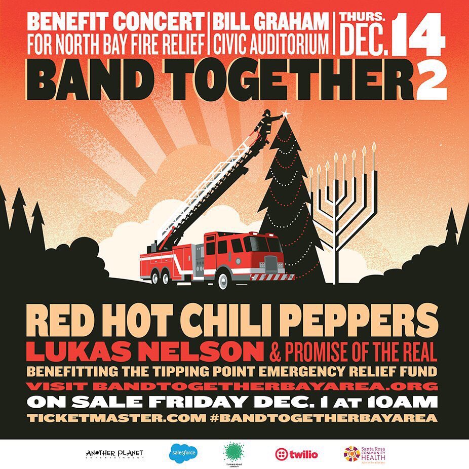 Benioff's tweet image. Thanks to the generosity of thousands of Bay Areans, corporations, ngos, non profits, private philanthropists &amp;amp; The Red Hot Chili Peppers &amp;amp; Lukas Nelson &amp;amp; Promise of the Real tonight’s concert could raise almost $5M.  Thank you everyone who has worked so hard to make this happen!
