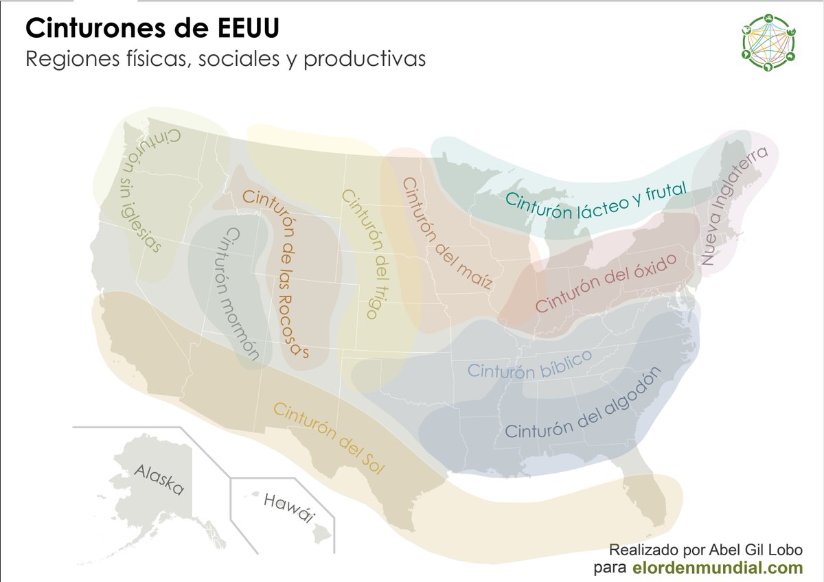 elOrdenMundial's tweet photo. ¿Qué se entiende por los cinturones estadounidenses? Esta referencia se utiliza para señalar las diferentes zonas sociales, políticas y económicas que existen en el país. #mapasEOM https://t.co/yShCUNrWWL